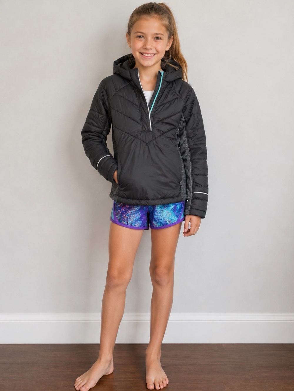 Ivivva Black Quilted Hooded Pullover with Gray Side Panels
